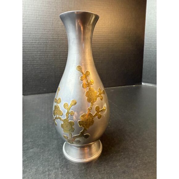 Other - Vtg Metal Pewter w/Brass Floral Overlay Decorative Vase 8.5" Tall Hong Kong